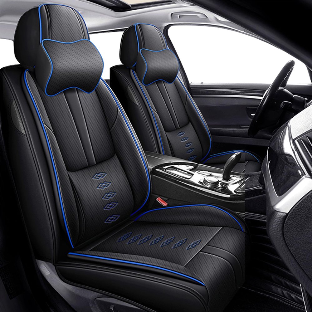 Cscevt Leather Seat Covers for Volkswagen VW Touareg Hybrid 2012-2014,Car Seat Covers Front Set,Waterproof Car Seat Protectors with Airbag,Comfort Interior Cover Seats for Cars(Black+Blue,Pillows)