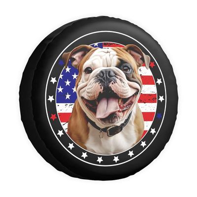 Smiling English Bulldog Dog with American Flag Decor Black Spare Tire Cover Fit for Car, SUV, Rv, Trailer, Truck, Protects Against Dust, Sun and Increases The Life of Tyres, 14-18 Inches