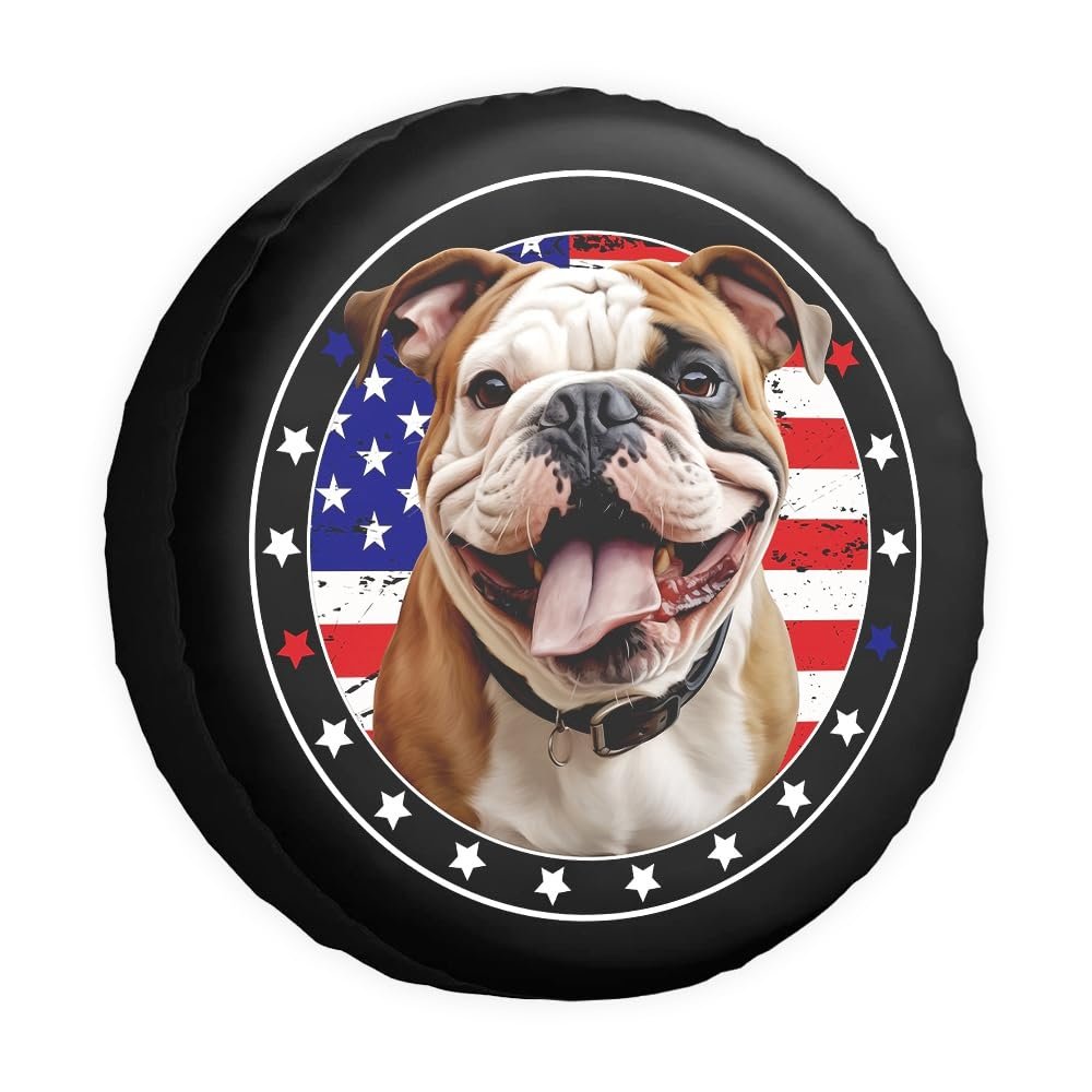 Smiling English Bulldog Dog with American Flag Decor Black Spare Tire Cover Fit for Car, SUV, Rv, Trailer, Truck, Protects Against Dust, Sun and Increases The Life of Tyres, 14-18 Inches