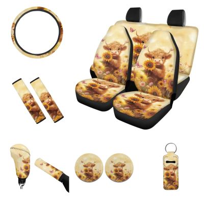 JOAIFO Highland Cow Car Seat Cover Full Set with Front Back Seats Steering Wheel Covers Auto Seat Belt Pads Cup Holder Coaster and Key Chains Shift Protector for SUV Truck Vans Sedans