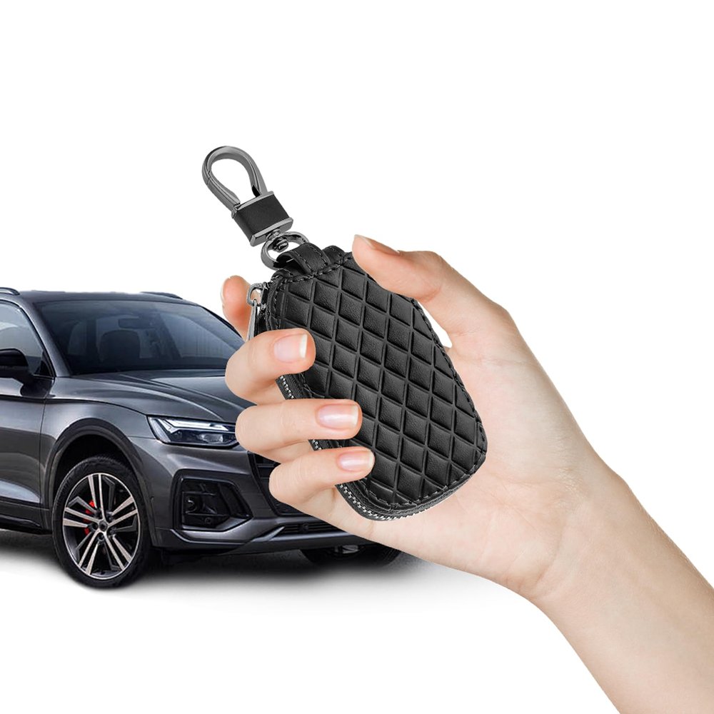 HQRNYP Key Fob Cover with Keychain, Key Fob Holder, Anti-Scratch Bag with Zipper, Leather Keychain Case Holder Fit Remote Key (Black)