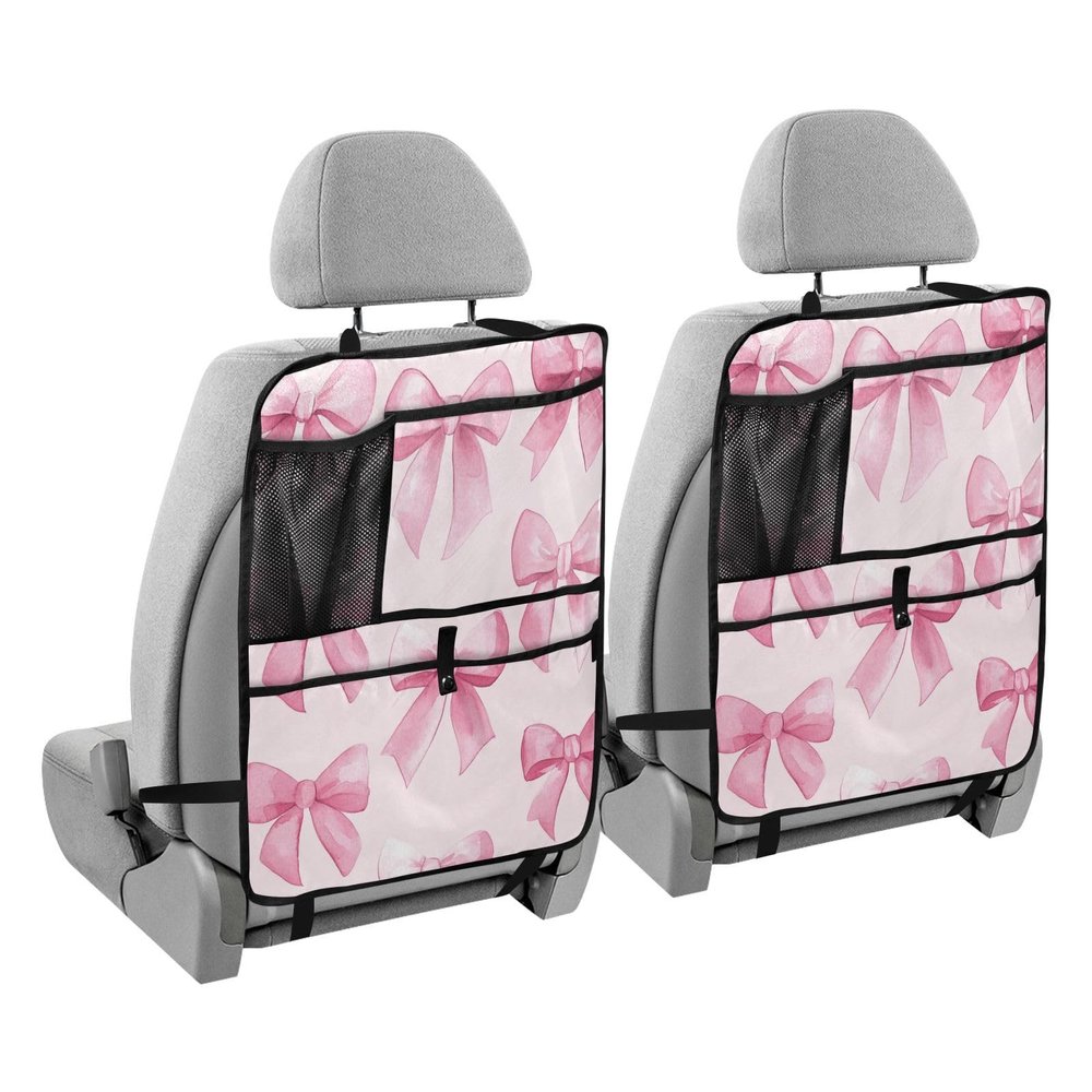 KJIMZO Pink Bows Car Backseat Organizer Kick Mats Protector Seat Covers Vehicle Back Seat with Storage Pockets for Road Trip-2Ppacks
