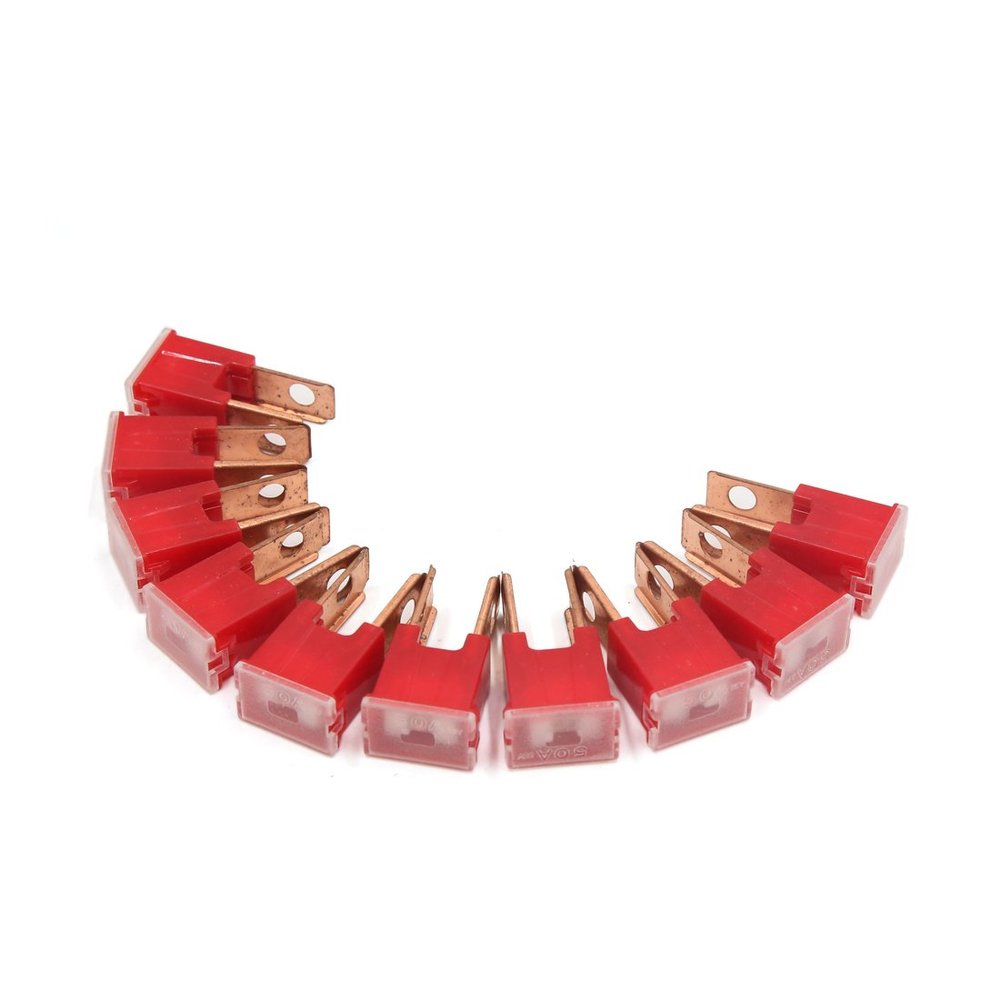 10Pcs 32V 50A Red Plastic Push-in Type Male PAL Blades Fuse for Cars Vehicle