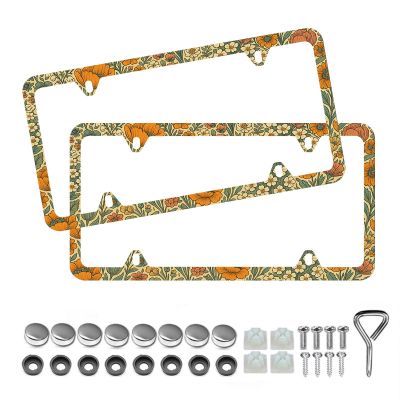 Beautiful Floral Print License Plate Frame - Unobstructed Narrow-Edge 2 Packs Universal Stainless Steel Car License Plate Frames Holder Solid Holder with 4 Holes Rustproof for Men Women