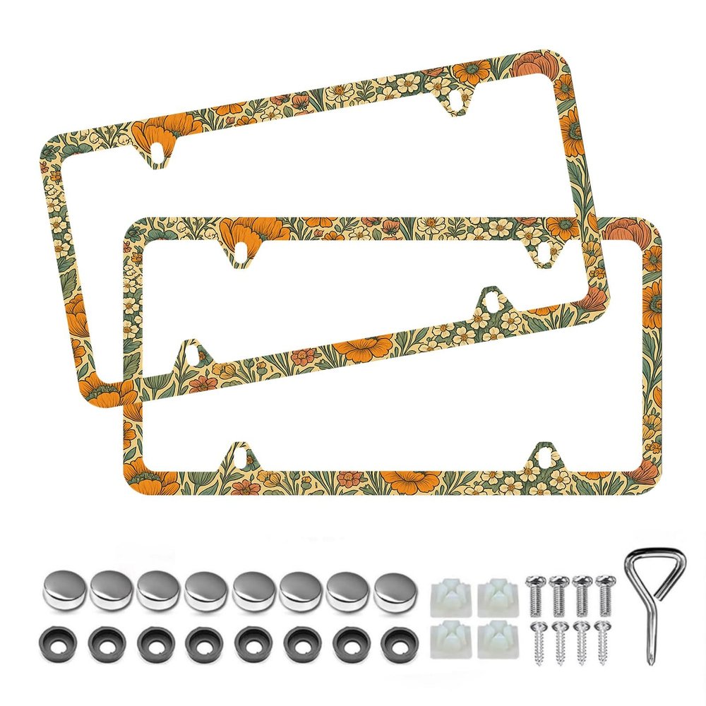 Beautiful Floral Print License Plate Frame - Unobstructed Narrow-Edge 2 Packs Universal Stainless Steel Car License Plate Frames Holder Solid Holder with 4 Holes Rustproof for Men Women