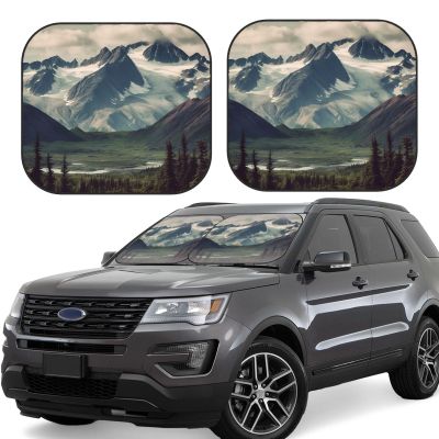 2 Piece Windshield Sun Shade Foldable Car Sunshade for Front Window Auto Interior Cover Alaska Mountains Sun Visor Protector Window Sun Blocker to Keeps Your Vehicle Cool Large