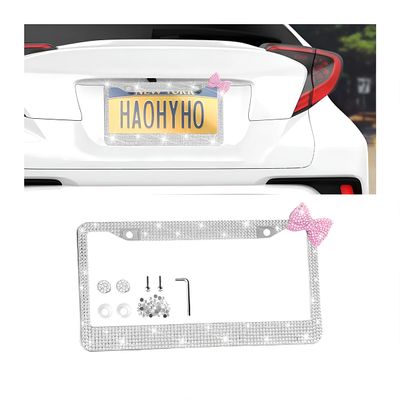 Sandfren Bling Car License Plate Frame for Women, Stainless Steel Bow Tie Sparkly Rhinestone Diamond Auto Frame with Mounting Kit, Glitter Crystal License Plate Cover, Universal Fit (White/Pink Bow)
