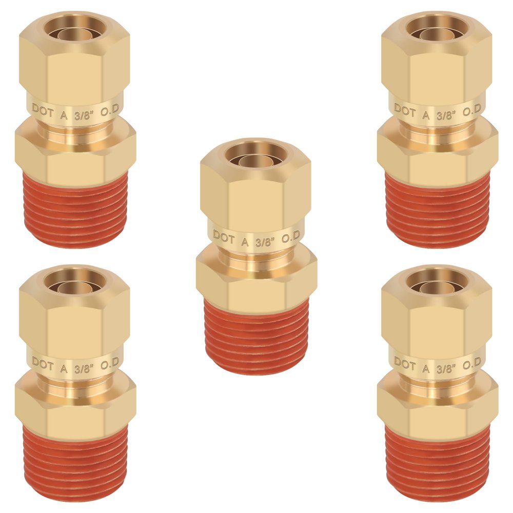 HASAOMOI 5PCS 3/8" Tube OD x 3/8" NPT Thread Connect Fittings Brass Union Straight Joint DOT Approved, Air Line Adapter Air Suspension Kit for Truck Trailers and Air Brake System