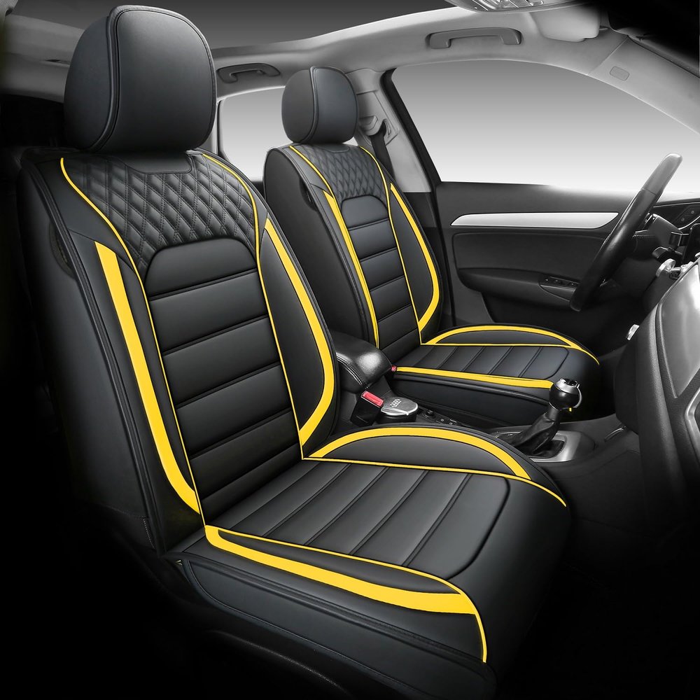 Quiln-03 Leather Seat Cover 5 Seat Full, Universal Suitable for Most Cars, SUVs, Pickup Trucks, Airbag Compatible Car Seat Cushion Covers (Black&Yellow)
