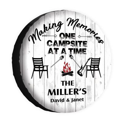 KafePross Custom Making Memories Spare Tire Cover One Campsite at A Time Wooden Decor 16 Inch Wheel Protector Tyre Cover for Trailer RV SUV Truck Camper Travel Trailer