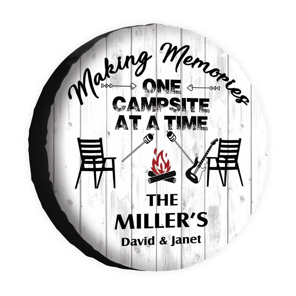 KafePross Custom Making Memories Spare Tire Cover One Campsite at A Time Wooden Decor 16 Inch Wheel Protector Tyre Cover for Trailer RV SUV Truck Camper Travel Trailer
