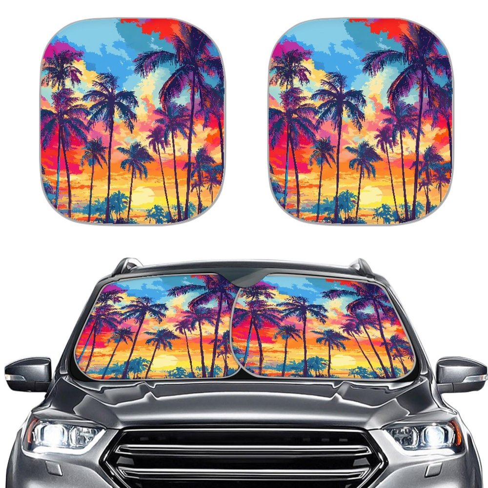Quelytytrip Hawaiian Sunset Palm Trees Car Windshield Sun Shade Foldable Car Window Shades for Front,2PCs