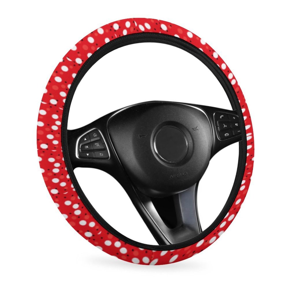 Red White Polka Dot Steering Wheel Cover Universal 15 Inch, Elastic & Anti-Slip Auto Steering Wheel Protector Lovely Decor Car Accessories for Women Men