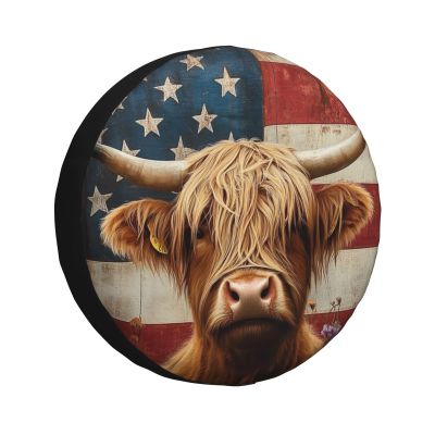 CSIVKEJ American Flag Highland Cow Print Spare Tire Cover Dust-Proof Wheel Tire Cover Fit Jeep,Trailer, Rv, SUV and Many Vehicle 17 Inch