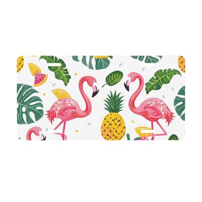 Front License Plate for Car Designs Tropical Flamingo Fruit Leaf Stainless License Plate Holder for Men Women Metal Aluminum Decorative Accessory Vanity Tag Standard 6 X 12 Inch (4 Holes)