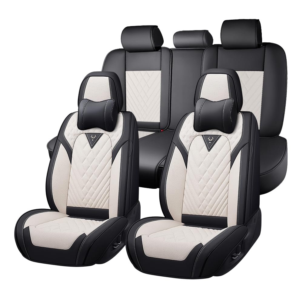 JXTH Fit for Jeep Wrangler Seat Covers 2000-2026, Nappa Leather, 360 Full Protection, Thick Padding & Memory Foam, Waterproof & Stain-Resistant Car Seat Cover (Luxury 5 Seats,Cream White)