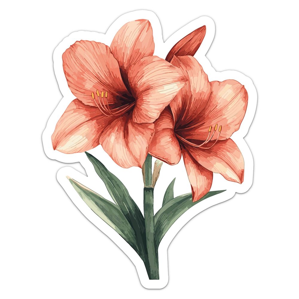 Watercolor Amaryllis Flowers Sticker - Waterproof Vinyl Decal for Car Bumper, Laptop, Luggage, Water Bottle, Phone Cases, Wall, Window, Sticker Size - 6'' Longer Side