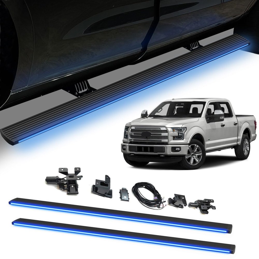 Fits 2014 2015 2016 2017 2018 2019 Ford F-150 F150 Raptor Deployable Power Electric Running Boards with LED Light Strips, Aluminum Retractable Side Step Nerf Bars, Black