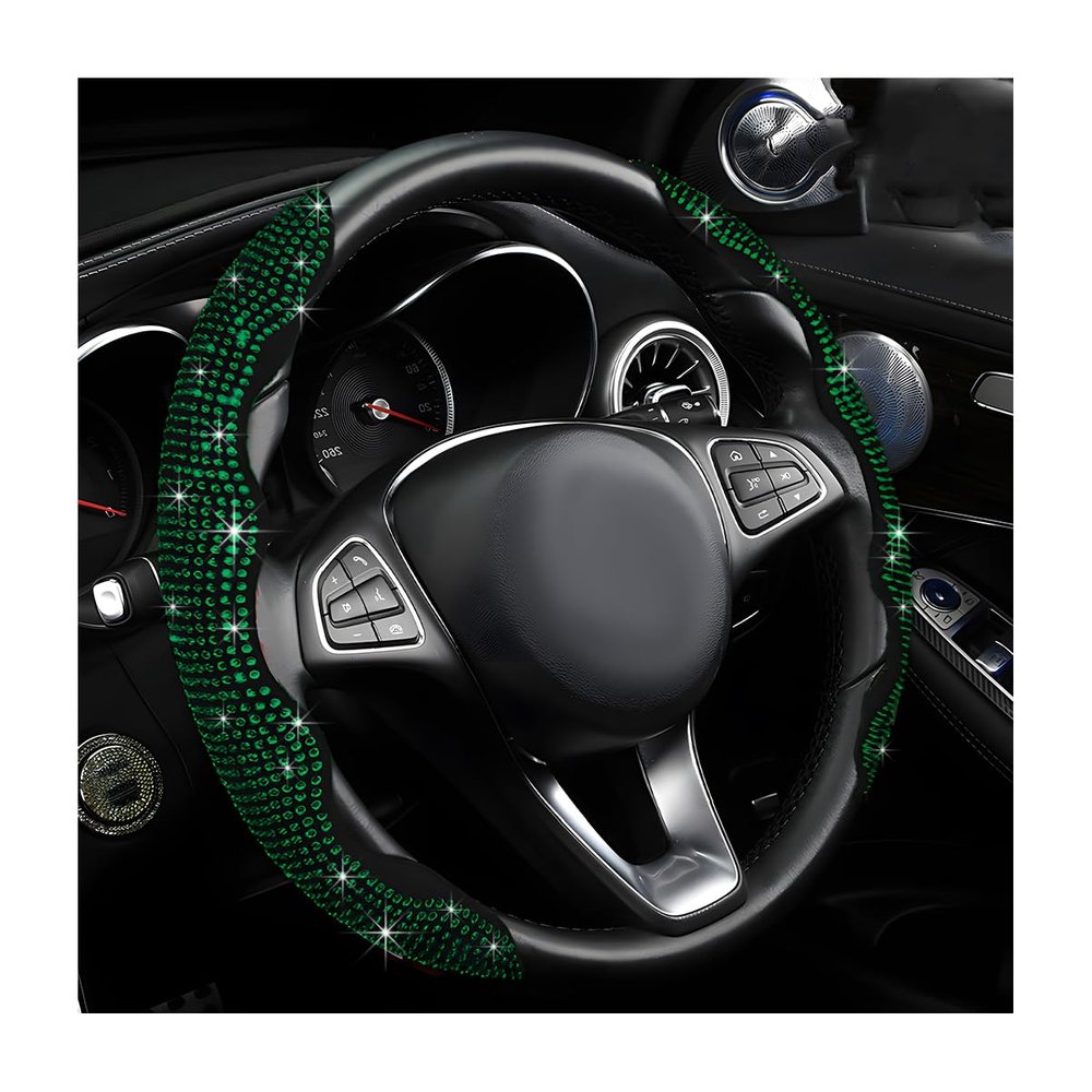 BWBWND 2 PCS Steering Wheel Cover, Segmented Car Wheel Covers with Crystal Rhinestones, Non-Slip Protector Bling Sparkly Decoration for Most Steering Wheels, Car Accessories (Green)