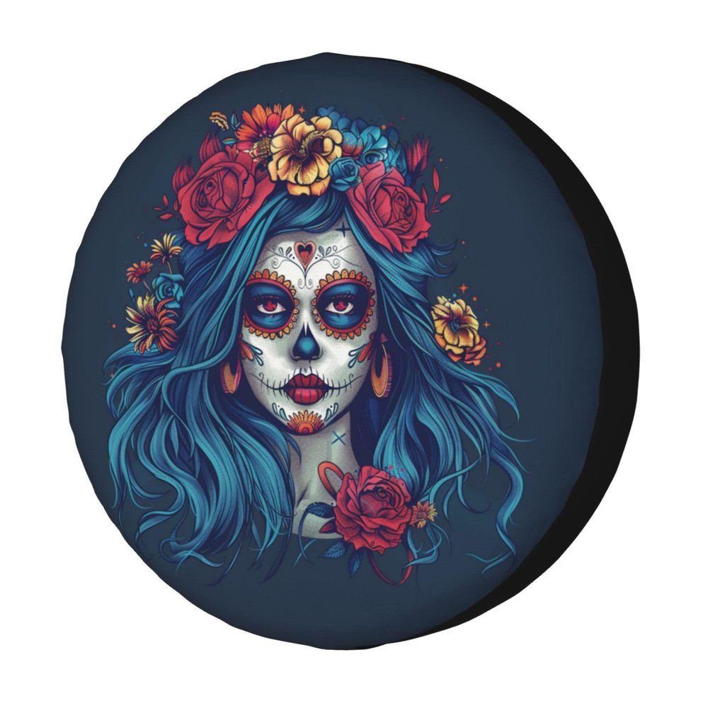 Foruidea Day of Dead Girl Flowers Spare Tire Cover Dust-Proof Wheel Tire Cover Fit Trailer, RV, SUV and Many Vehicle 17 Inch