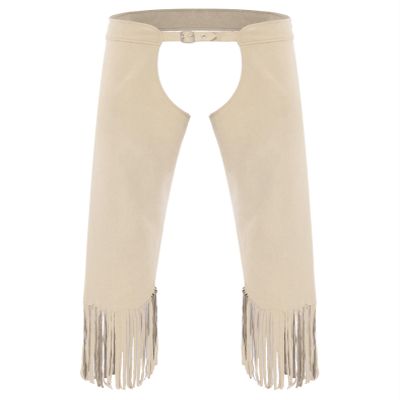 Lpdshaa Men's Western Cowboy Chaps Open Crotch Fringe Assless Western Motorcycle Chaps Pants Beige XX-Large