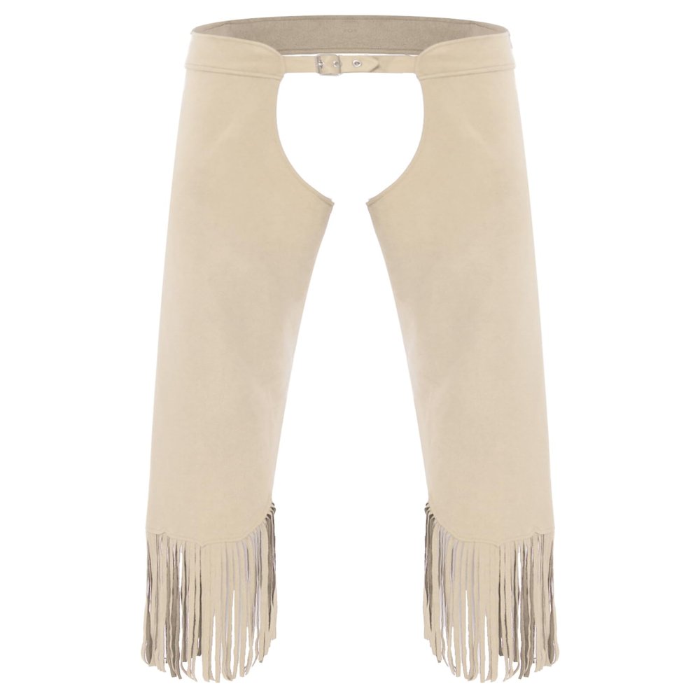 Lpdshaa Men's Western Cowboy Chaps Open Crotch Fringe Assless Western Motorcycle Chaps Pants Beige XX-Large
