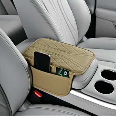 Car Center Console Armrest Cushion with Storage Pocket, PU Leather, Quilted Design (Beige)