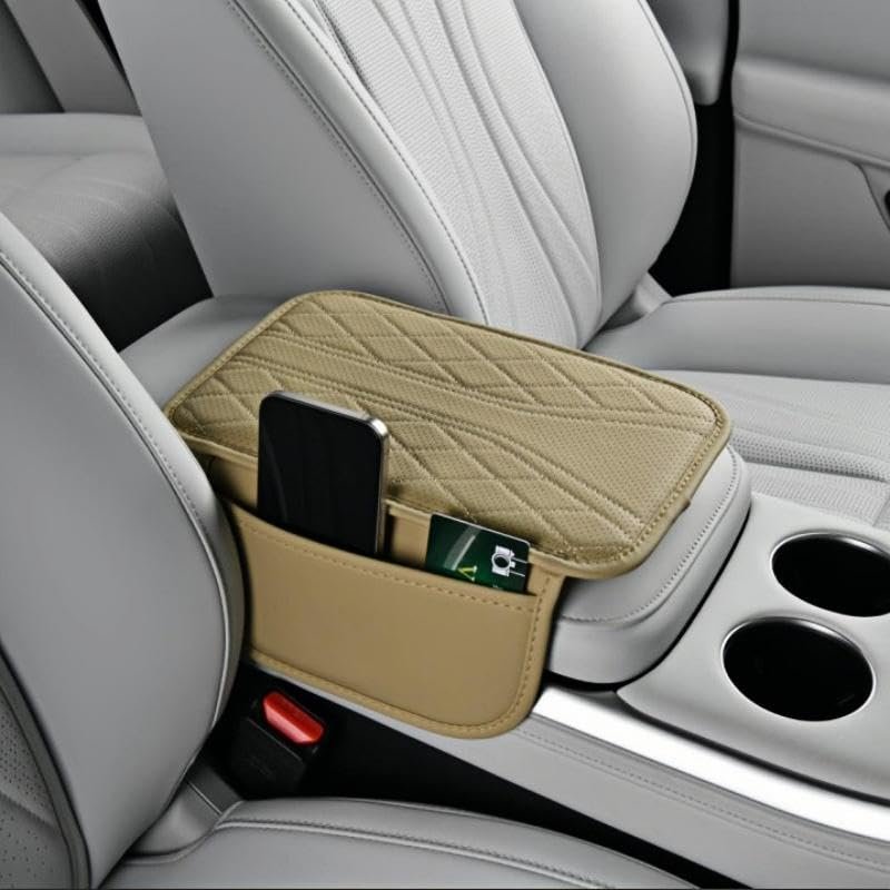 Car Center Console Armrest Cushion with Storage Pocket, PU Leather, Quilted Design (Beige)
