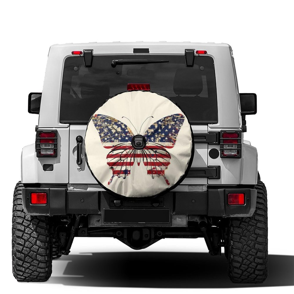 Foruidea Butterfly United States Spare Tire Cover with Backup Camera Hole Wheel Tire Cover Fit Trailer, RV, SUV and Many Vehicle 16inch
