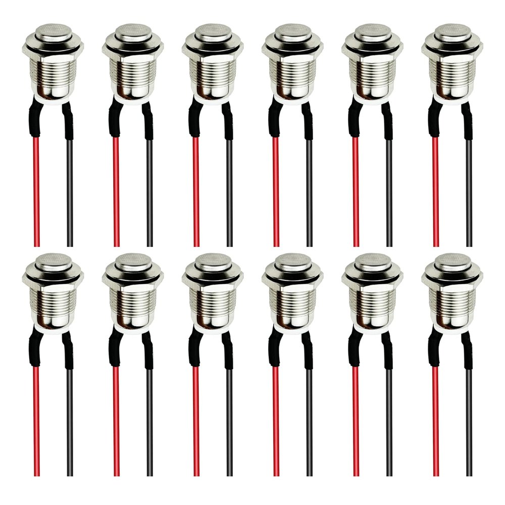 12PCS 12mm Momentary Metal Push Button Switch, 12V Power Waterproof Mini Round Push button Switch with Pre-wiring for Car Boat