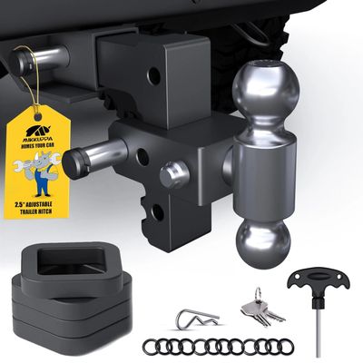 MIKKUPPA Adjustable Trailer Hitch - Fits 2.5" Receiver, 6" Drop/Rise Heavy Duty Aluminum Tow Hitches for Truck with Dual Ball Mount 2" x 2-5/16" (18,500 LBS GTW) and Anti-Theft Locking Hitch Pins