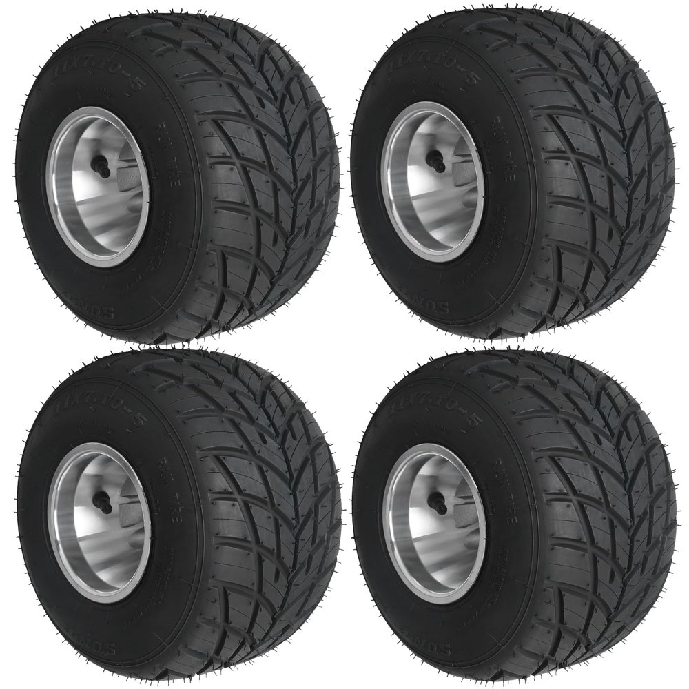 11x7.10-5 Go Kart Tire with Rim Wheel, 5" 11x7.10x5 Rain Road Tires Tubeless, 3 Stud for Racing Kart ATV UTV Go Kart Karting Quad Drifting Mini Bike 4 Wheelers Drift Trike (4pcs)
