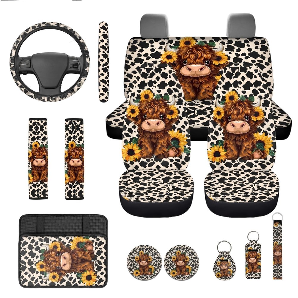 CLOHOMIN Cute Highland Cow Car Seat Covers Full Set of 13 Cow Print Steering Wheel Cover Armrest Box Mat Seatbelt Pad Sunflowers Coasters Keychain Fit for SUV Van Truck Sedan