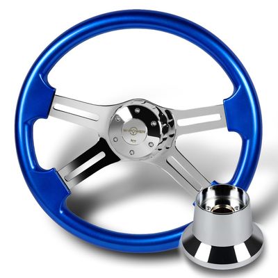 18" Universal 457mm 5 Bolt, 2 Inches Deep, Wood Grip Steering Wheel, Chrome 4-Spoke with T01 Hub Adapter Compatible with 1986-2006 Freightliner All Models (Blue Wood Grip)