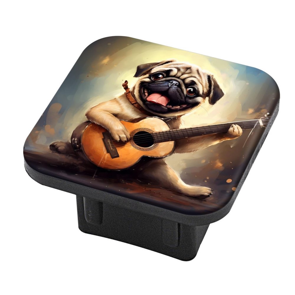 Hitch Cover Fits for 2-Inch Hitch,Cute Happy Pug Dog Playing Guitar with Full-Body Portrait Rubber Trailer Hitch Cover Tube Plug Insert,Car Exterior Accessories, Receiver Tube Hitch Plug