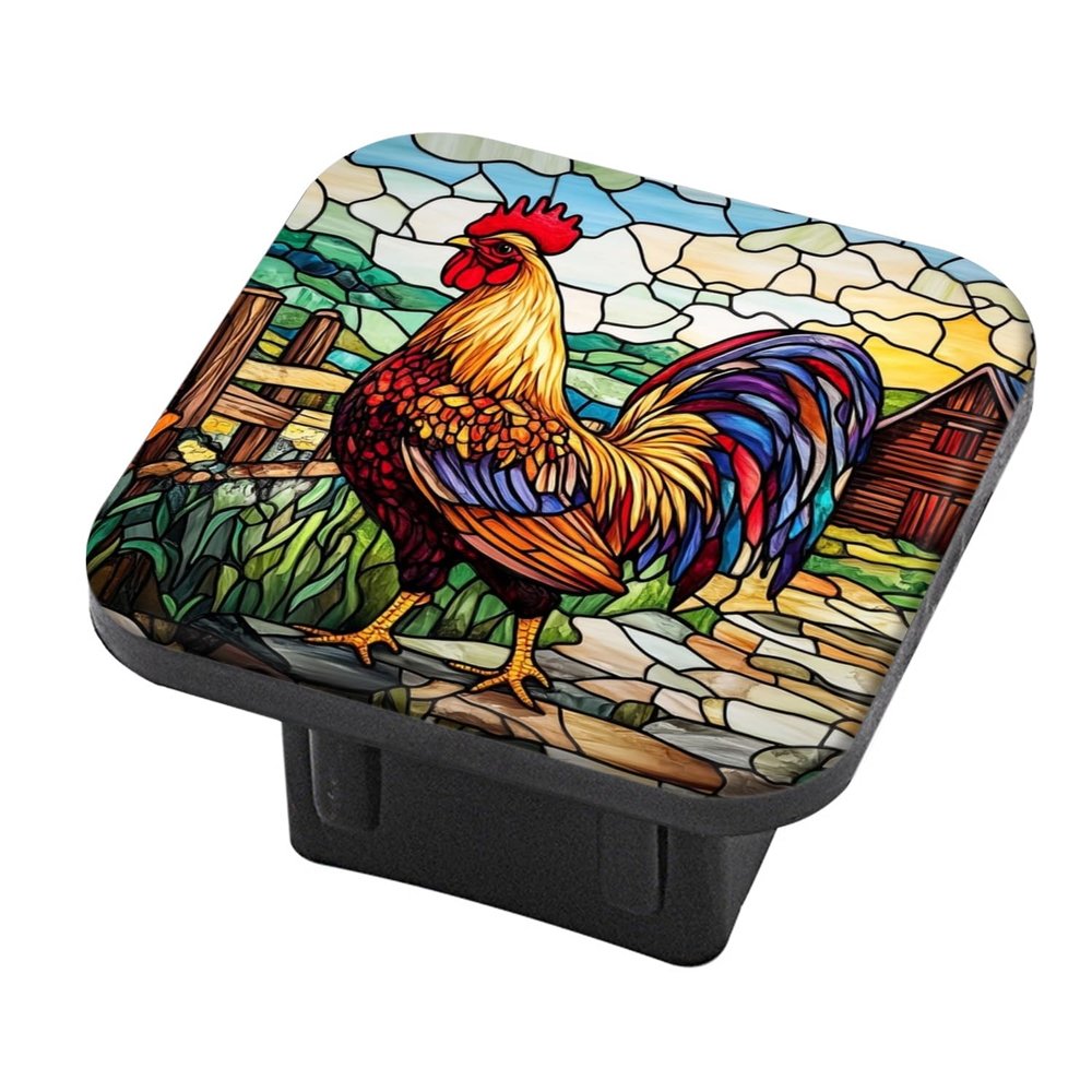 Hitch Cover Fits for 2-Inch Hitch,Rooster in A Village - Themed Stained - Glass Setting Rubber Trailer Hitch Cover Tube Plug Insert,Car Exterior Accessories, Receiver Tube Hitch Plug