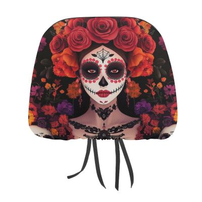 Meaudiwes Soft Elastic Universal Headrest Covers, Day of Dead Halloween Roses Sugar Skulls Fashion Car Headrest Protector with Memory Foam Backing for Car Truck SUV