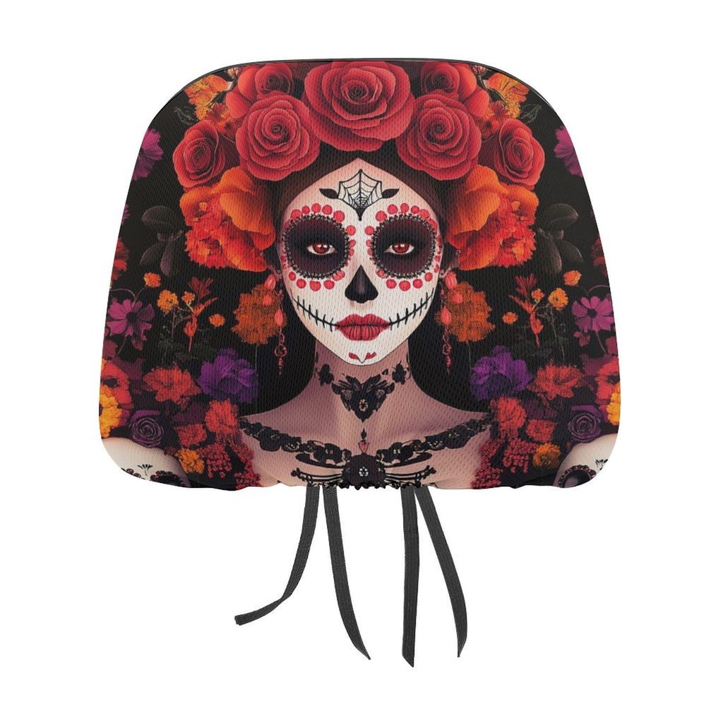 Meaudiwes Soft Elastic Universal Headrest Covers, Day of Dead Halloween Roses Sugar Skulls Fashion Car Headrest Protector with Memory Foam Backing for Car Truck SUV