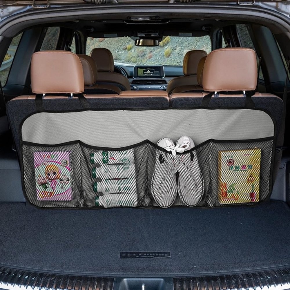GAOLAOSY Car Trunk Organizer, Large Capacity Backseat Hanging Storage Bag with 4 Pockets, Waterproof Foldable Car Interior Organizing Accessories, Universal for SUV, Truck, Van, MPV (Grey)