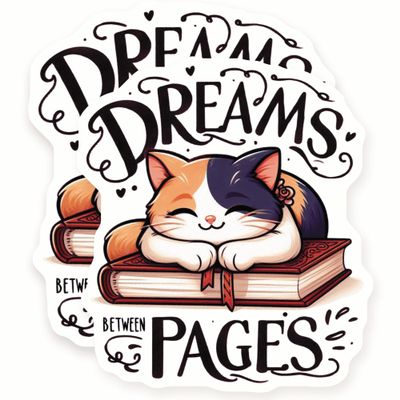 Cat Reading Stickers - Dreams Between Pages - Book Lover Decals - Calico Kitty Stationery - 2 Pack - - 5" Wide Design - Adheres to Laptops, Tumblers, and More Made in The USA - AQS2850