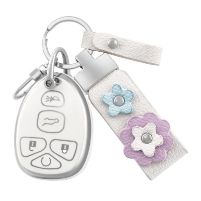 OFF WE GO for Chevrolet Key Fob Cover with Leather Keychain, Soft TPU Key Fob Case Fit for Chevy Suburban Tahoe Traverse Buick Enclave Cadillac Escalade GMC Acadia Yukon Car Key (Silver White)