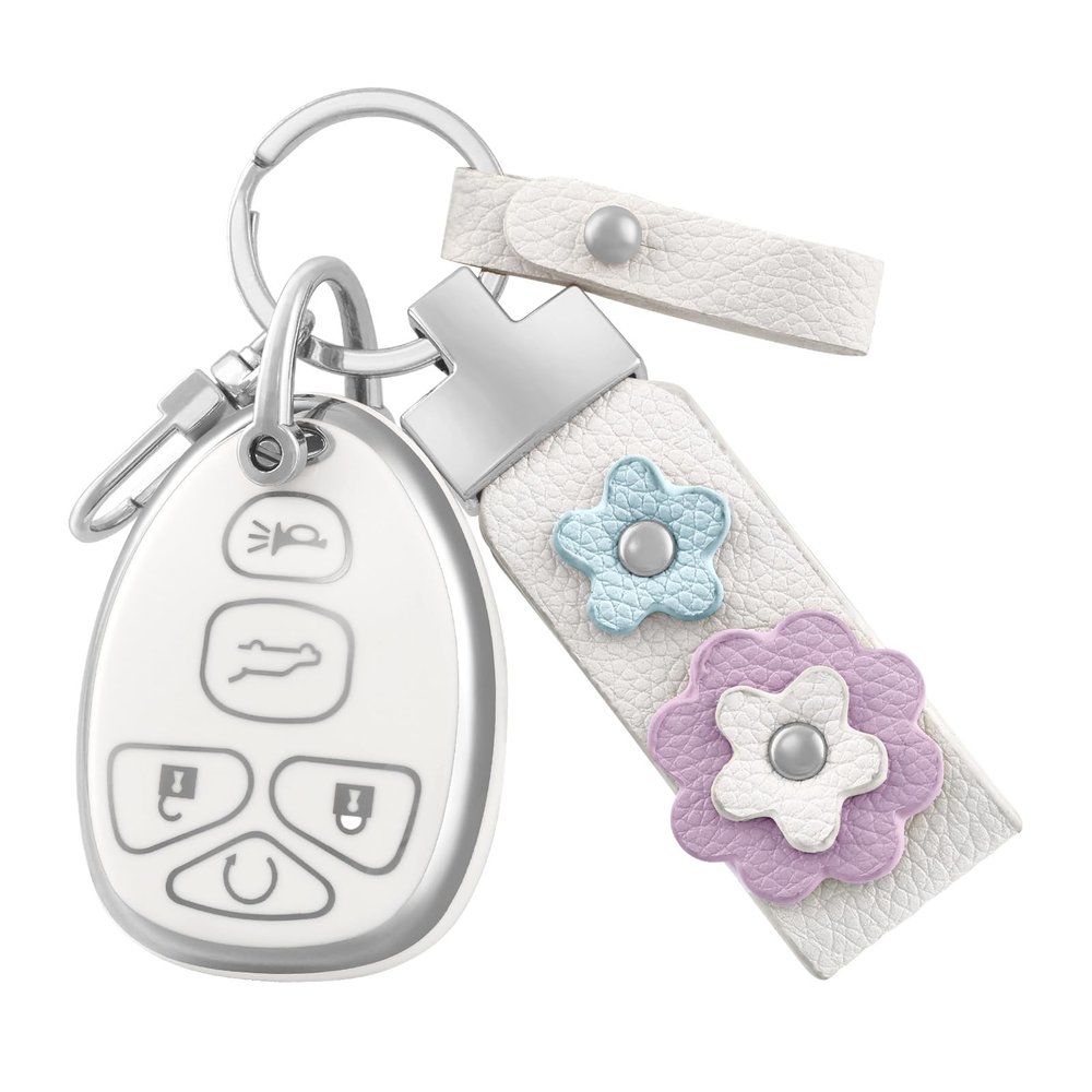 OFF WE GO for Chevrolet Key Fob Cover with Leather Keychain, Soft TPU Key Fob Case Fit for Chevy Suburban Tahoe Traverse Buick Enclave Cadillac Escalade GMC Acadia Yukon Car Key (Silver White)
