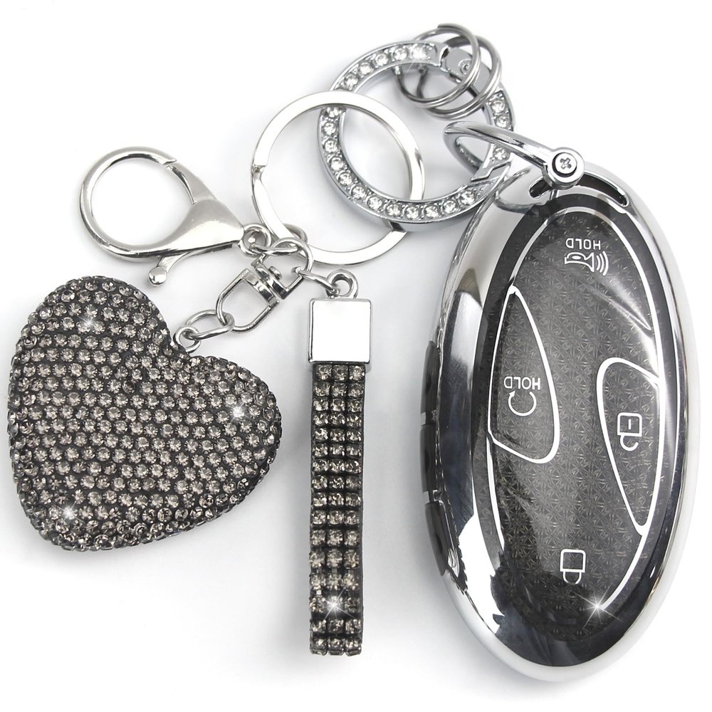 YIKECASE Key Fob Cover with Diamond Keychain Car Key Holder Case Compatible with Hyundai loniq 6 Grandeur GN7 KONA 2023 2024 Smart Remote Key Protector, 5/7 Buttons (Black-Heart)