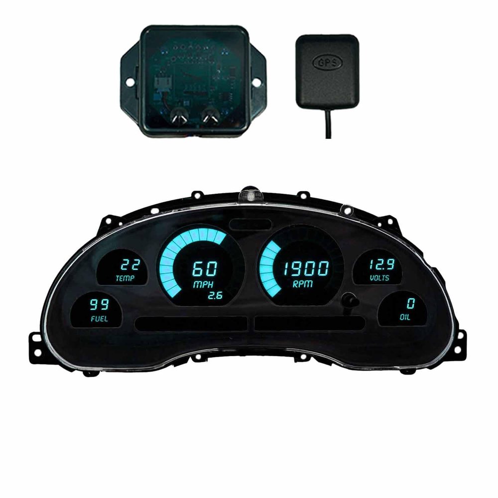LED Digital Gauge Cluster Compatible with Ford Mustang 1994-2004 Backlight, GPS Speed Sensor, Oil Pressure & Temp Senders, Dash Replacement, Direct Fit Upgrade (Teal)