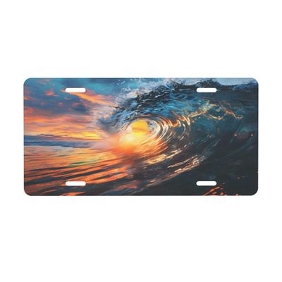 License Plate Cover Holder for Car Designs Ocean Wave Sunset Stainless Front License Plate for Men Women Metal Aluminum Metal Decorative Accessory Vanity Tag 6 * 12 Inch (4 Holes)