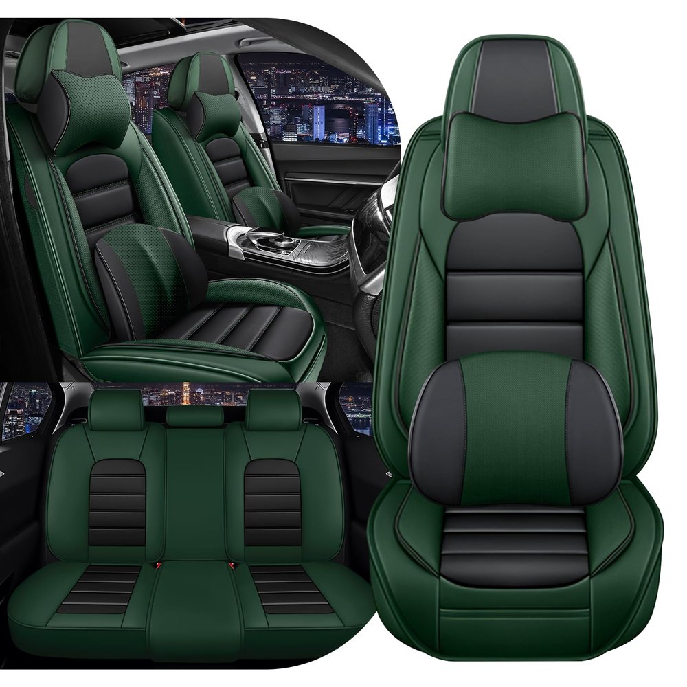 3DLEATHER for Toyota Camry 2016 Seat Cover Full Set, Upgraded Nappa Leather Seat Cover, 360 Full Coverage Customized Car Seat Covers with Airbags Design (Black & Green/Luxury Style)
