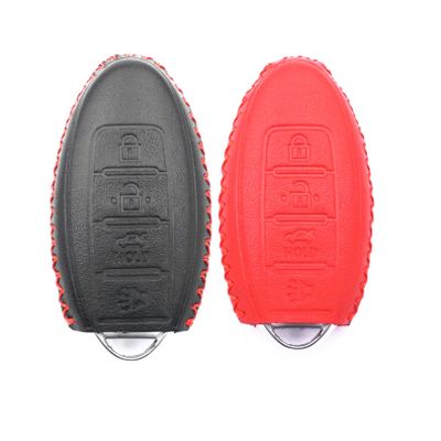 WFMJ 2Pcs Leather 4 Buttons Key Fob Case Cover for Nissan Altima 350Z Quest Sentra Infiniti EX35 FX35 FX45 G35 I35 (Black Red)