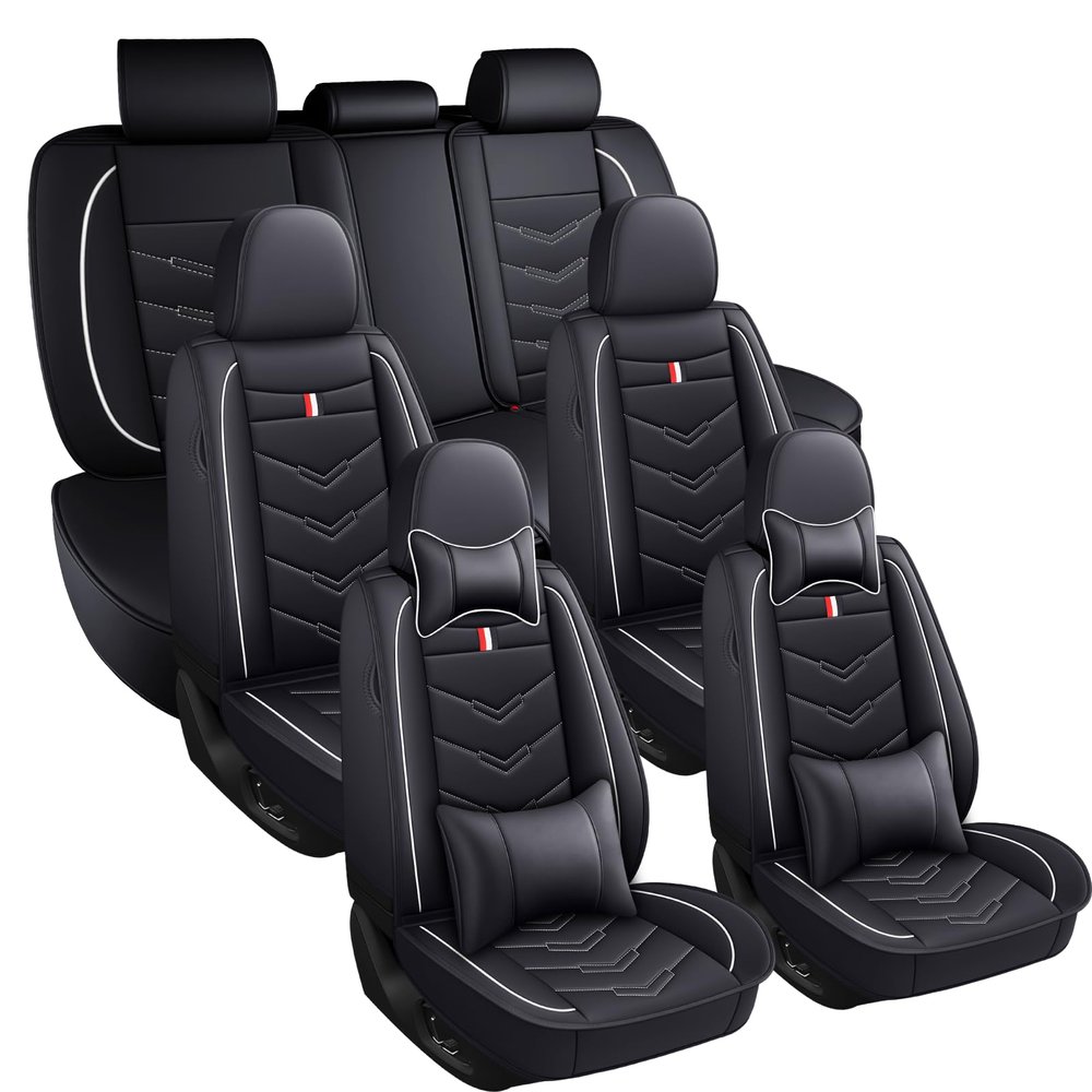 XIAOPYO Car Seat Covers 7 Seats for Honda Pilot 2003-2026, Waterproof Durable Leather Vehicle Cushion Covers, Breathable Full Coverage Seat Protector(with Pillow,Black White)