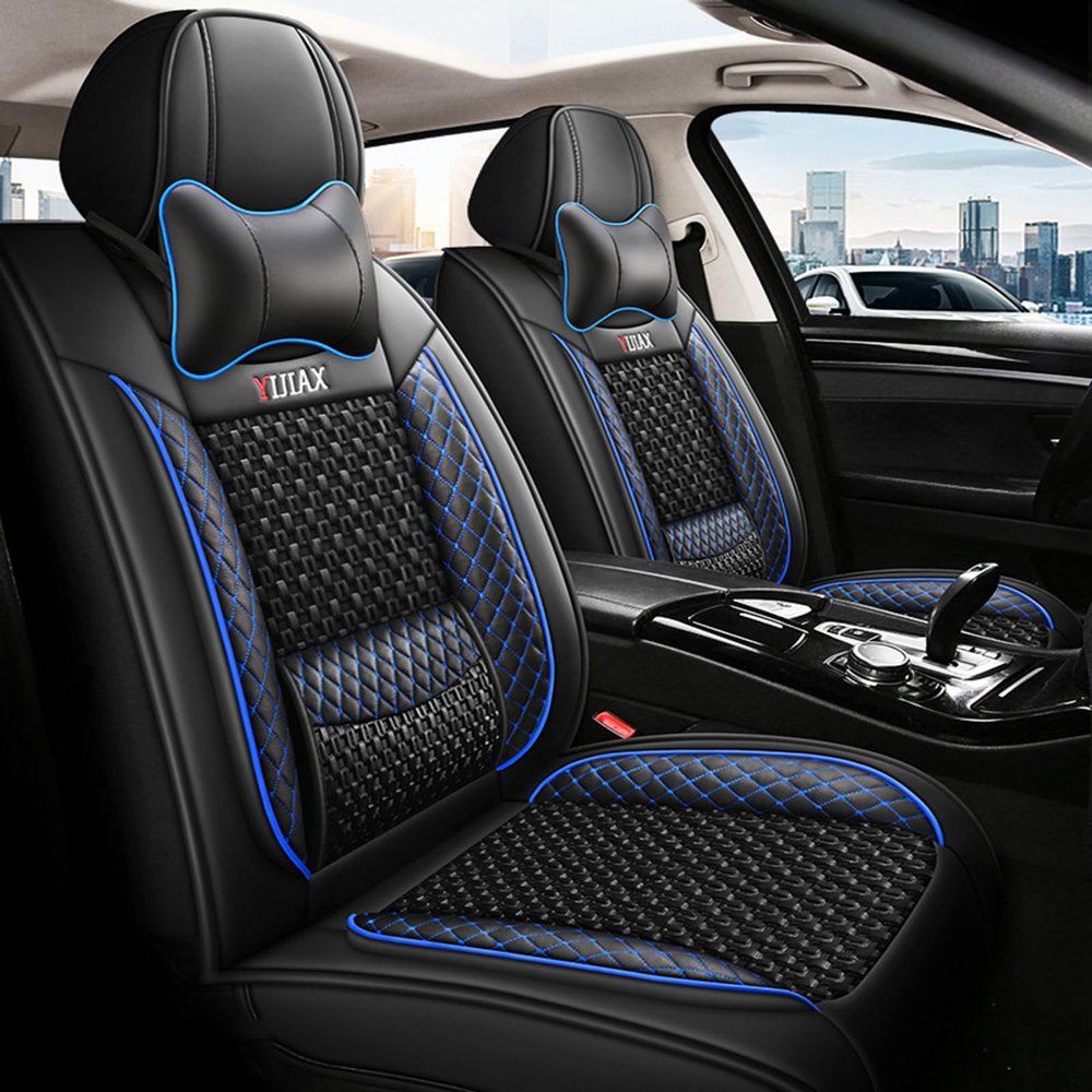 JBNCRYGD Seat Covers Full Set - Leather and Ice Silk Breathable Front and Rear Seat Covers for Women Men, Luxury Car Cushions,C