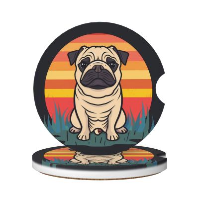 Neukim 2 Pack Retro Pug Ombre Sunset Car Cup Holder Coasters, 2.56 Inch Anti Slip Ceramic Absorbent Coaster with Cork Base and Finger Notch Car Accessories Interior for Women & Men